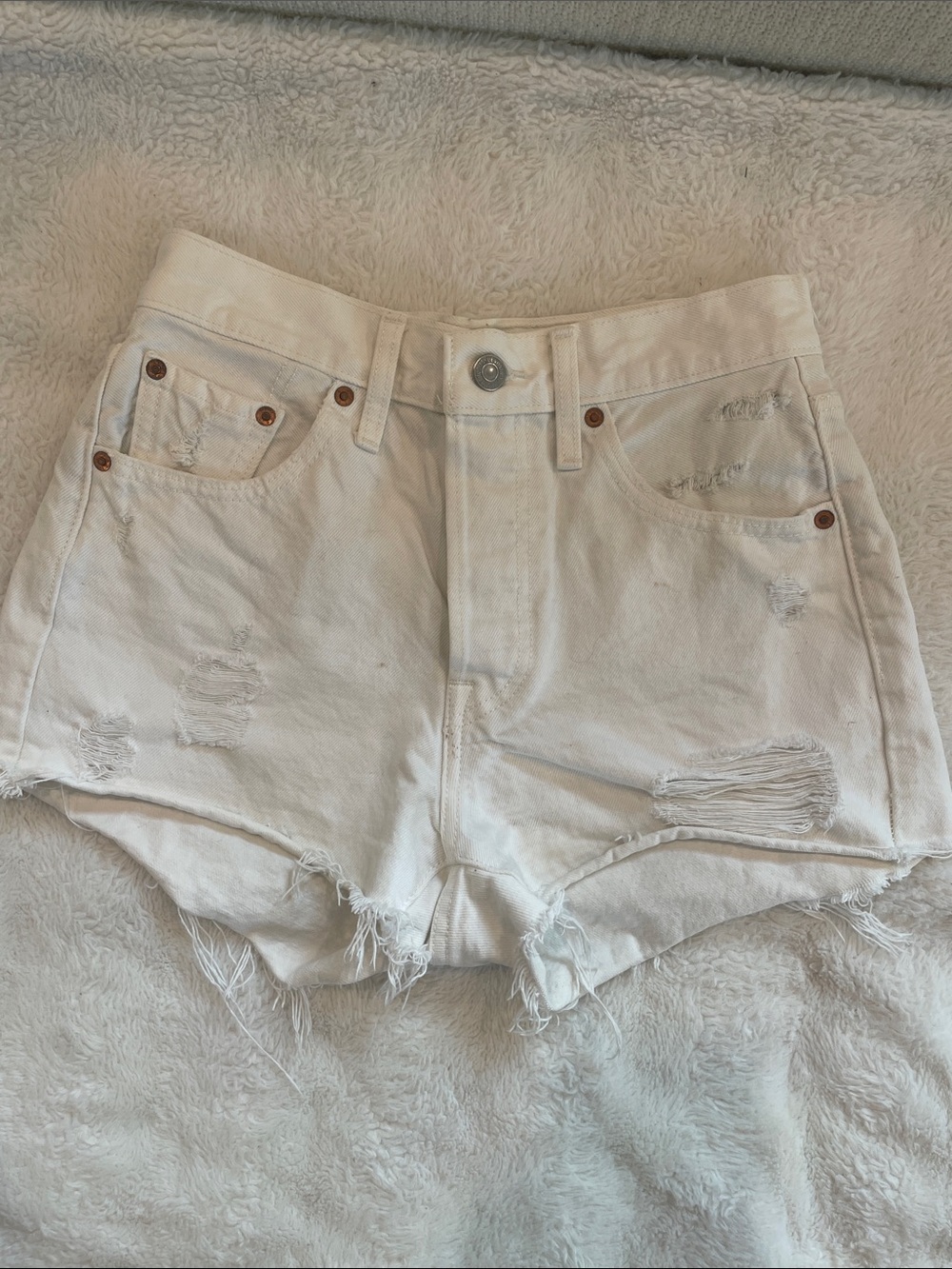 Levi's White Distressed High-Rise Denim Shorts